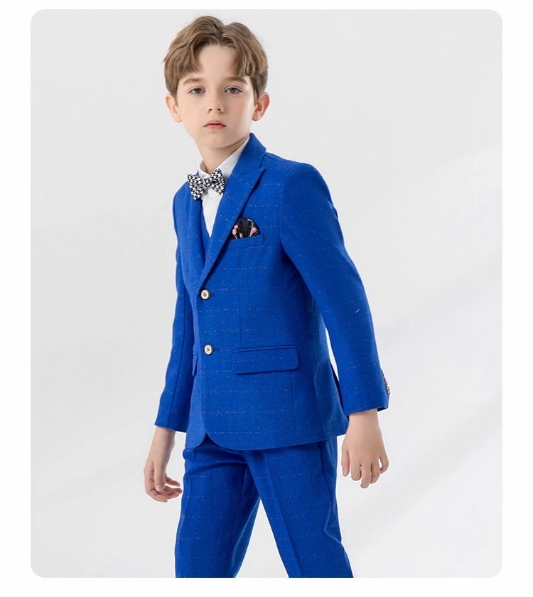【急速出荷!】スーツ 男の子 セットアップ ジャケット ロングパンツ ベスト シャツ 蝶結び 子供スーツ キッズスーツ フォーマルスーツ おしゃれ チェック柄 ブルー 春秋 秋冬 卒園式 卒業式 入学
