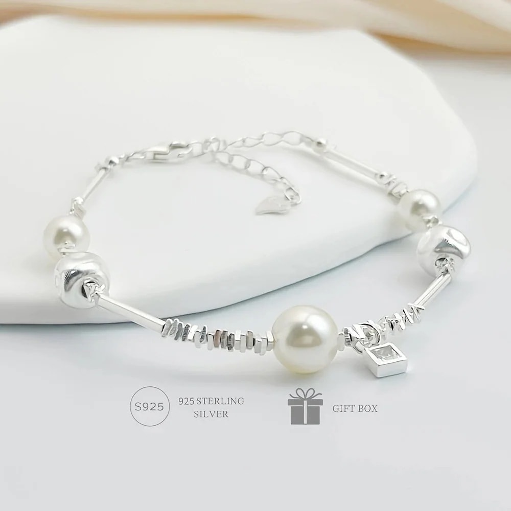 【急速出荷!】1pc スターリングシルバーパール幾何学的な小さなスクエアブレスレット気質ファッションシンプルな多目的ジュエリーユニセックス誕生日フェスティバルギフト