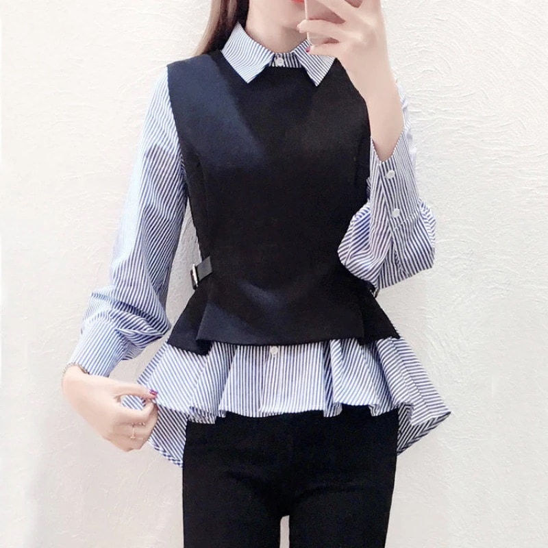 ハイエンドのカスタマイズ-女性用ツーピースシャツとベストスーツ春と秋の新しい気質多用途のストライプスリム長袖トップ