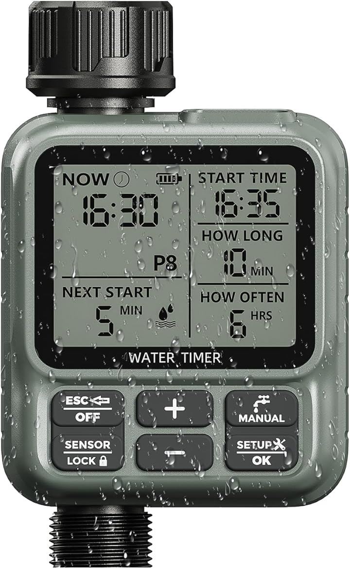 自動散水タイマー 散水ホース 散水システム 散水用具 給水 観葉植物 8つのプログラム可能な手順を備えたウォータータイマー雨遅延/手動/自動モード (アーミーグリーン, 小)