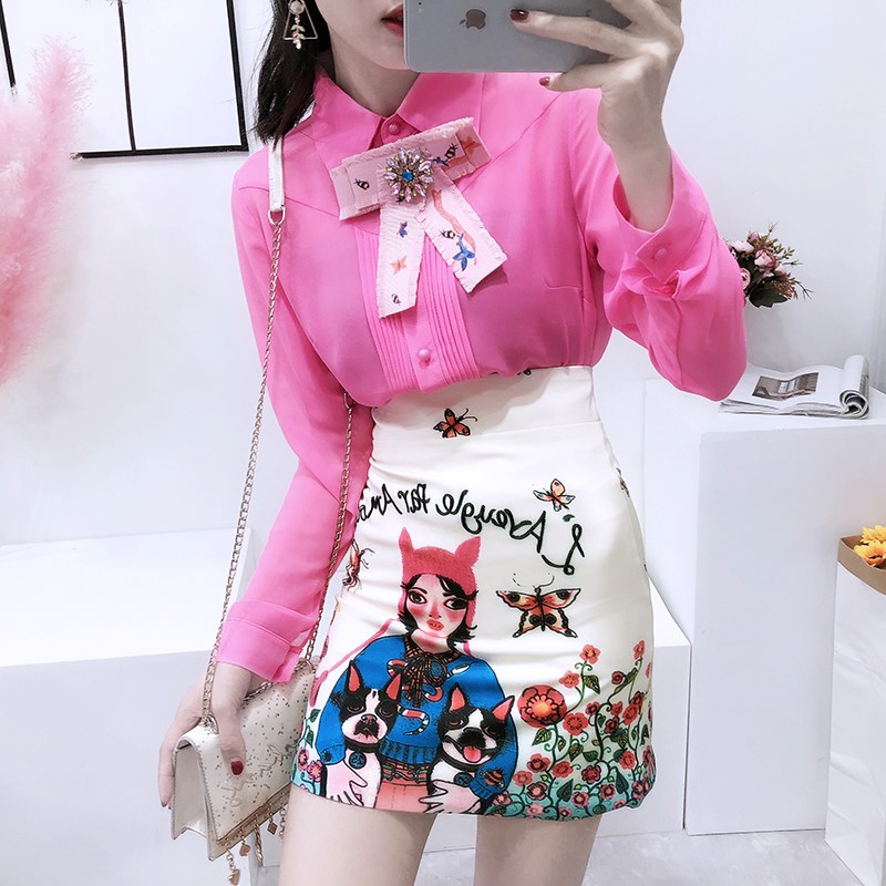 スカートスーツ女性フラワーボウ付きピンクシャツ+ヴィンテージバタフライプリントスカート2ピース服セット