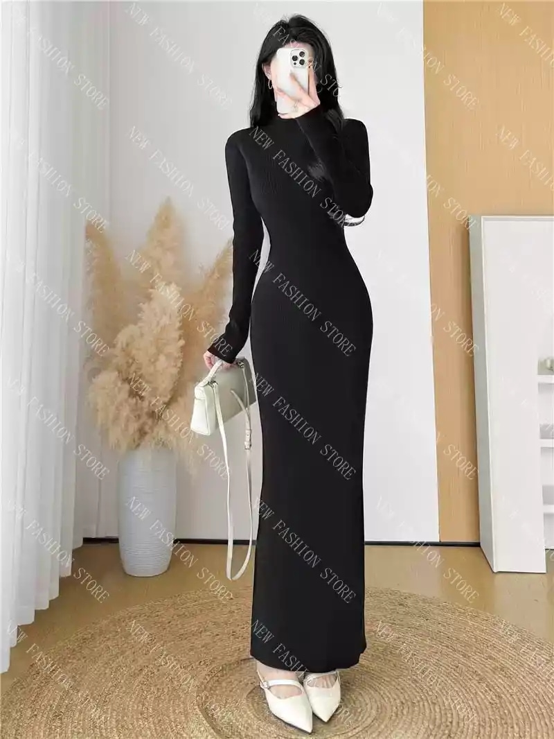 秋冬ハイネックロングニットワンピース-14