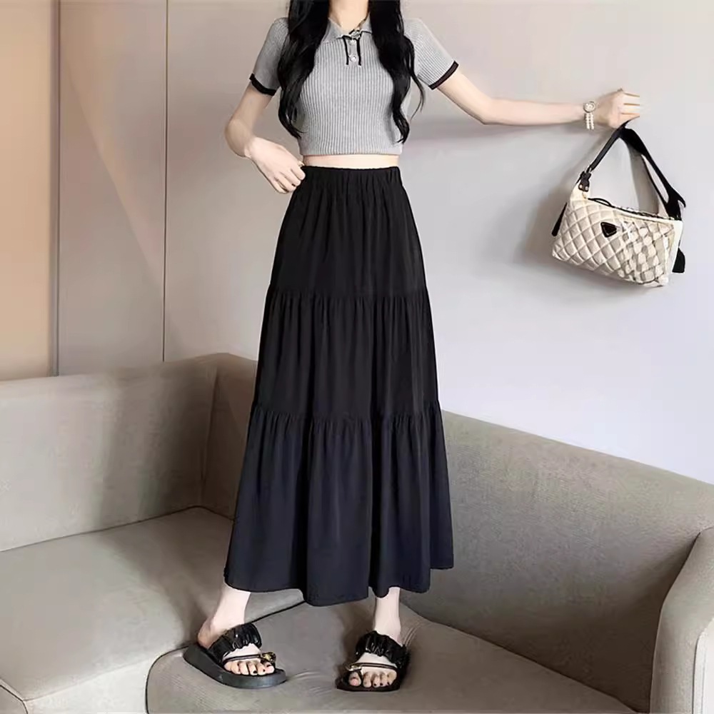 【1つ買うと10つ無料】夏の女性のためのスリムフィット子牛スカートハイウエスト ラインスカートの垂れ下がったケーキスカートレディレディーミッドレングス大きなヘムスカート