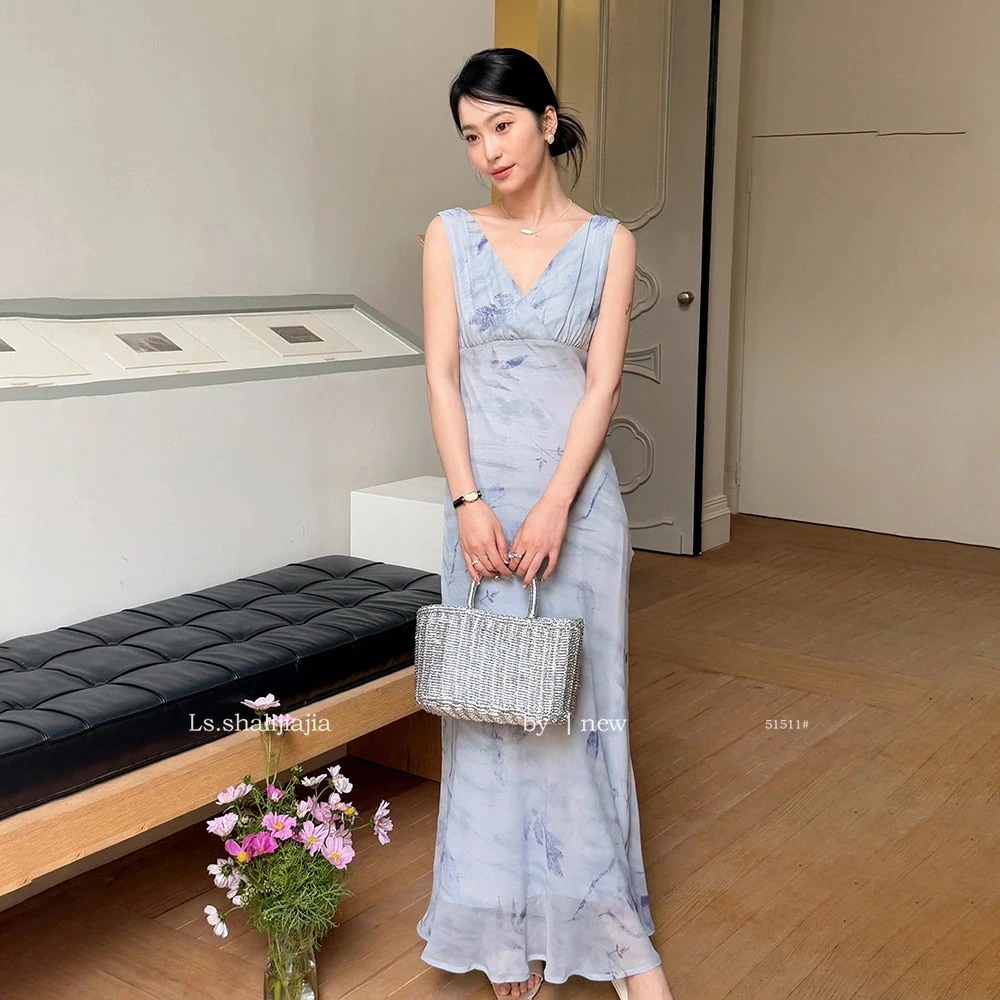 フラワープリントワンピース 花柄 ロングドレス パーティードレス エレガント カシュクール風 重ね着 高級感 上質 Vネック 袖なし きれいめ イブニングドレス オケージョンドレス ワンピース 上品 5,508円