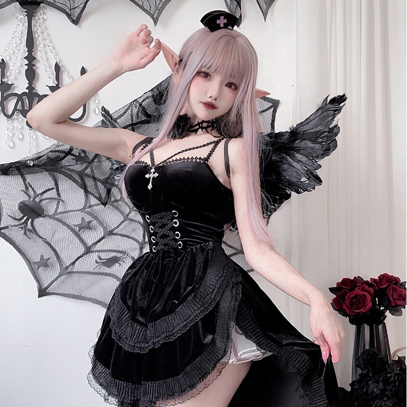 ヨーロッパとアメリカのダークゴシックスタイルのハロウィン大人用コスチューム黒のドレスパフォーマンスコスチューム女性魔女吸血鬼花嫁