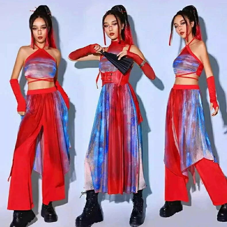 [本日の新品]タイダイ柄 ダンス衣装 セットアップ 大人 レディース チャイナ風 アイドル衣装 中華風 ジャズダンス 演出服 ヒップホップ ステージ衣装 女子グループ 社交ダンス 練習服 トップス パ