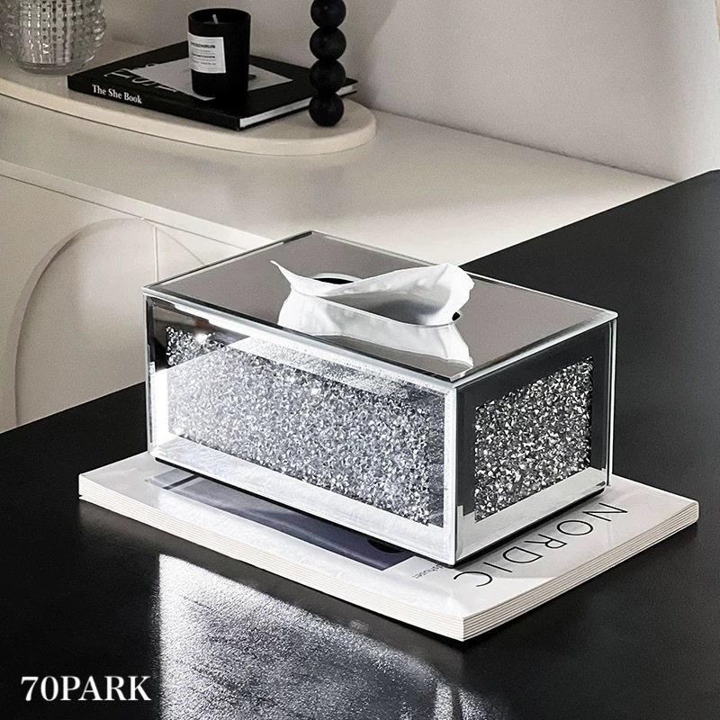 ラグジュアリー グリッター ミラー ティッシュケース 鏡 シルバー おしゃれ 韓国インテリア 韓国雑貨 韓国っぽ 北欧 インテリア雑貨 韓国 70PARK
