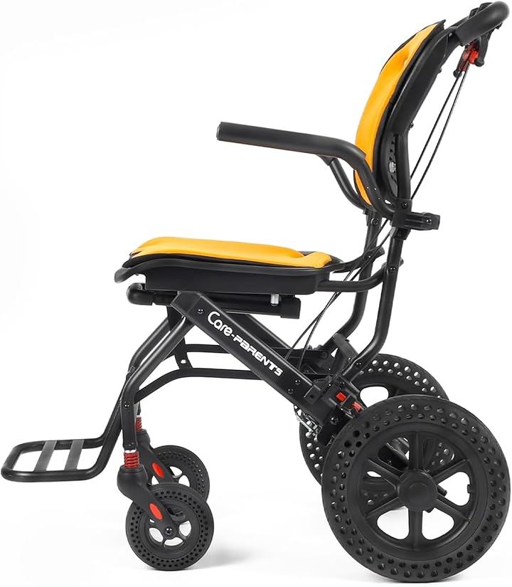 軽量車椅子 介助用車いす アルミ製 折りたたみ式 軽量コンパクト車椅子 衝撃吸収性 透気性 介助ブレーキ付き 可伸縮キャリハンドル付き 屋内用 外出用 旅行用 CP-0903O (黄色)