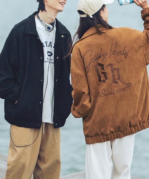 カバーオール 「HOOK」古着風バッグ英字刺繍フェイクスエード生地コーチジャケット メンズ レディース