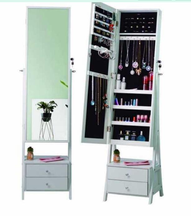 回転全身鏡キャビネット家庭用寝室アクセサリージュエリー収納　移動式　鏡掛け帽子掛け　ジュエリーキャビネット360度回転可能なミラー木製収納　展示棚　ジュエリーキャビネット