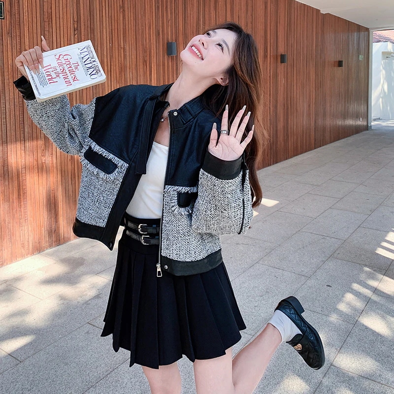 パッチワークレザージャケット2024秋ファンキーニッチライト高級香港スタイルポケットフリンジペプラムトップ