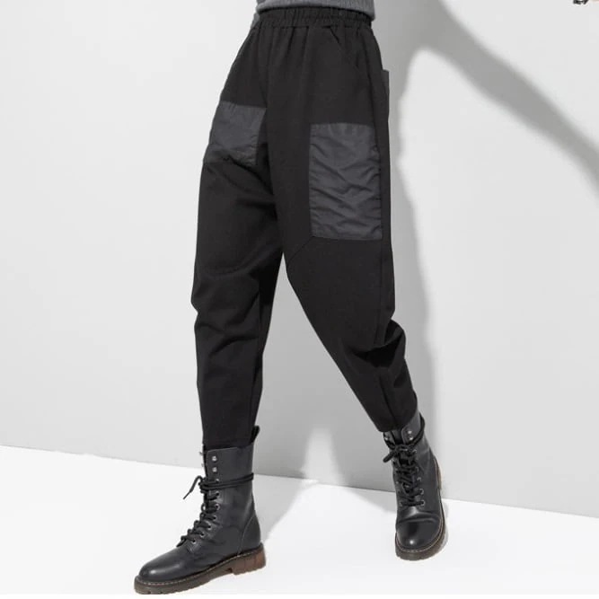 ボトムス パンツ レディース 黒 l カッコイイ 個性的 クール S M L XL 2XL 大きいサイズ ゆったり テーパードパンツ ドロップクロッチ ブラック クロップド丈 異素材MIX ワイド