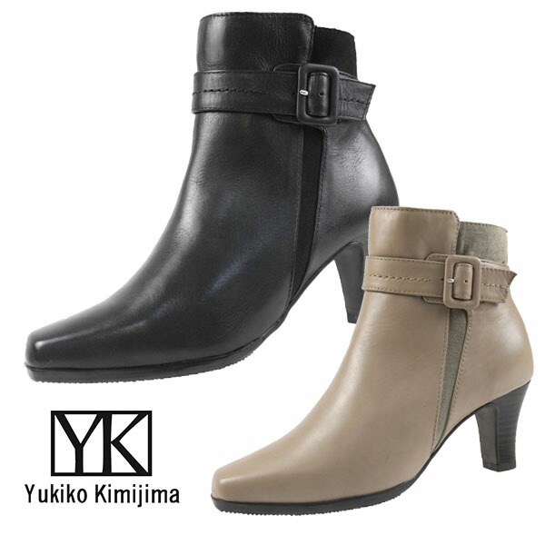 ユキコ キミジマ Yukiko Kimijima スクエアトゥ ショートブーツ 5660 ベルト サイドファスナー 本革 6.5cmヒール レディース カジュアル シンプル