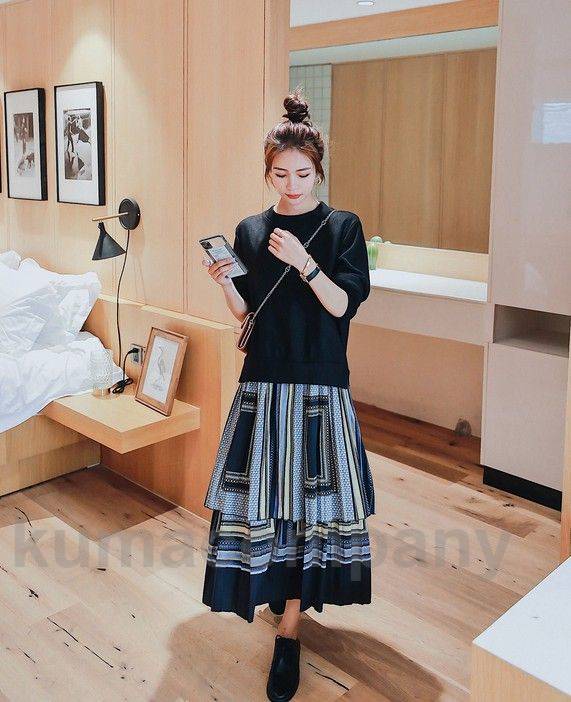ドッキングワンピース ワンピース ロング ロングワンピース レディース 長袖 フレア 幾何学模様 おしゃれ 秋 春 きれいめ カジュアル 韓国 ファッション 切り替え 重ね着風 体型カバー 大人可愛い