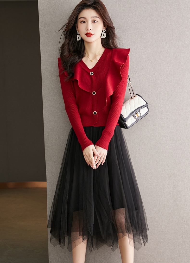 春 フレンチ エレガント エッジ スーツ スカート レディ V ネック メッシュドレス レッド ブラック M L XL XXL ワンピース 袖あり かわいい 大人可愛い きれいめ シンプル カジュアル