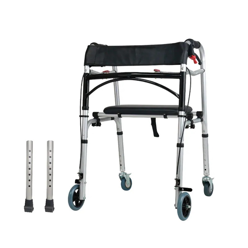 歩行器 折畳み歩行器 手動ブレーキ付き 座面付き 軽量 アルミ製 高さ5段調節 歩行補助