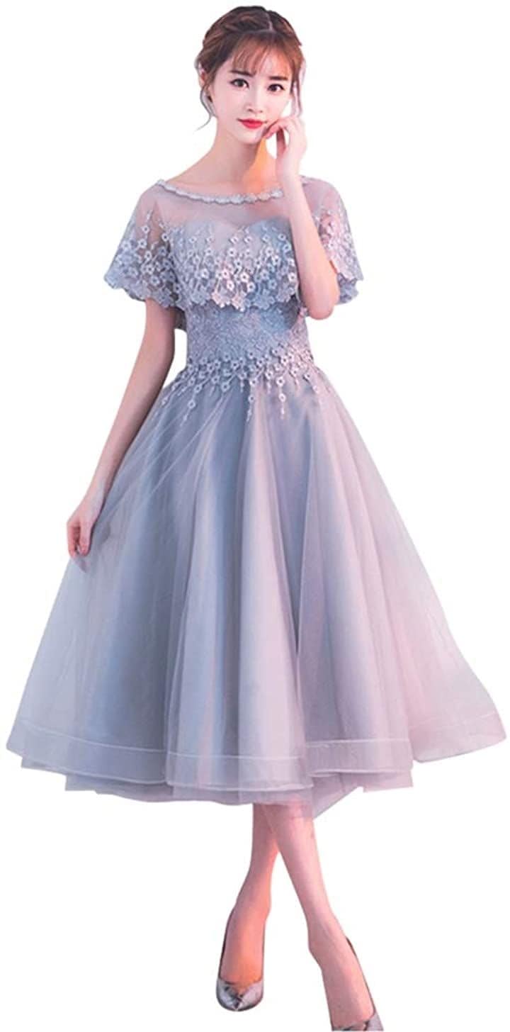 パーティードレス ミモレ丈 結婚式 ワンピース ロング フォーマルドレス S678(グレー, M)
