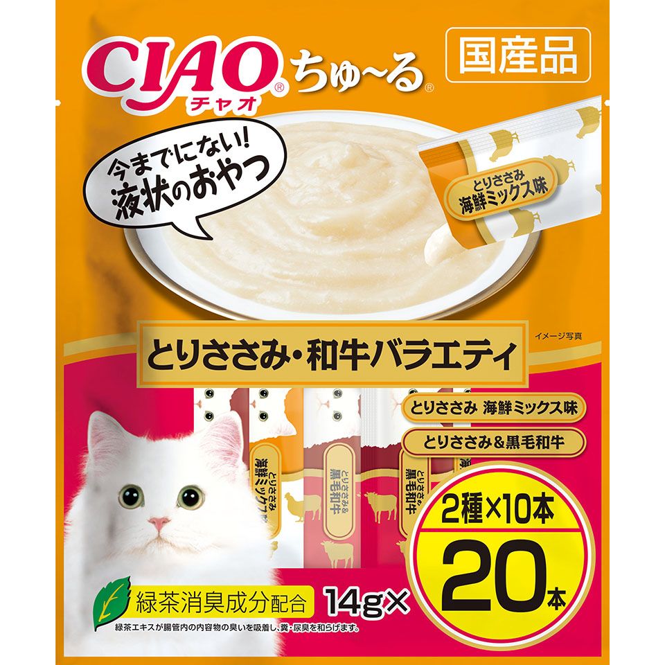 （まとめ買い）いなばペットフード CIAO ちゅる とりささみ/和牛バラエティ 14gx20本 猫用おやつ [x4]