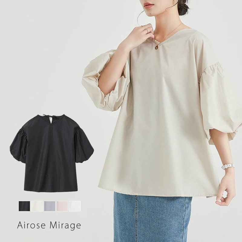 大人気！ ブラウス レディース ぽわん袖 トップス 半袖 クルーネック バックリボン ノーカラー 体型カバー ゆったり きれいめ オフィス 通勤 春夏 旬コーデ トップス Aライン レディース 上品