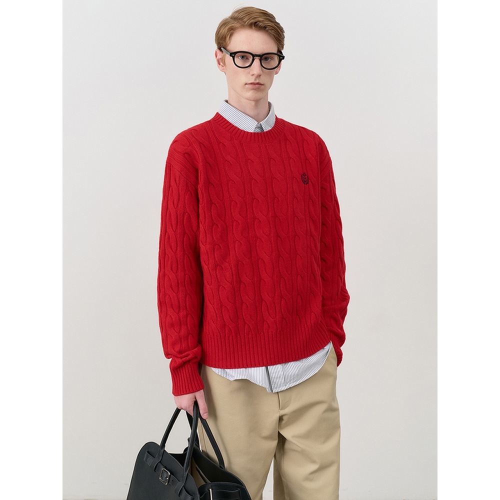 Dunst メンズユニセックスケーブルクルーネックセーターレッド M UDSW4C105R2