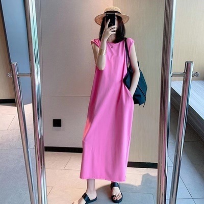 ワンピース ロング丈 袖なし ノースリーブ 襟なし デザイン オーバーサイズ 美ライン ニュアンス スリット バックスリットカラバリ リラックス かわいい 大人可愛い きれいめ シンプル カジュアル