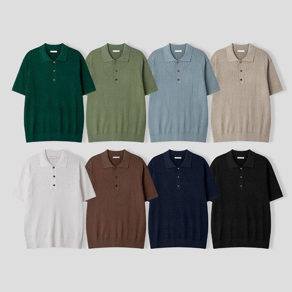 メンズベーシック リブ カラネック 半袖 ニットTシャツ AS-KNH-Q005-カーキ