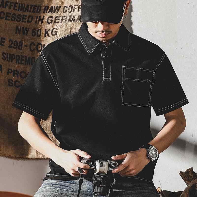 Tシャツ アメリカ ポロシャツ メンズ 半袖 夏 スタイル シャツ カラー コットン アメカジ トップ ステッチ 男性 黒 ブラック グレー グリーン