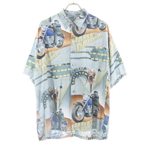 USA製 バイク柄 総柄 半袖 シャツ XL グレー系 メンズ