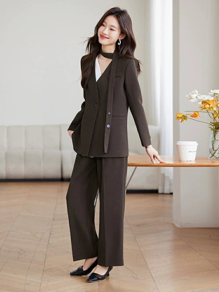 数量限定品S～4XL（5L）3色ブラック ブラウン ベージュ スーツ セットアップ ジャケットパンツスーツ 結婚式 パーティー OL 卒業式 入学式 インスタ 撮影上品感 オシャレ 重ねる風ジ