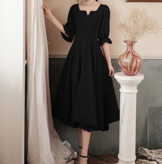 ワンピース Aライン セミフレア 五分袖 キャンディスリーブ ハートネック かわいい 大人可愛い きれいめ シンプル キュート おしゃれ 春 夏 デート お出かけ リゾート パーティ 韓国 L XL