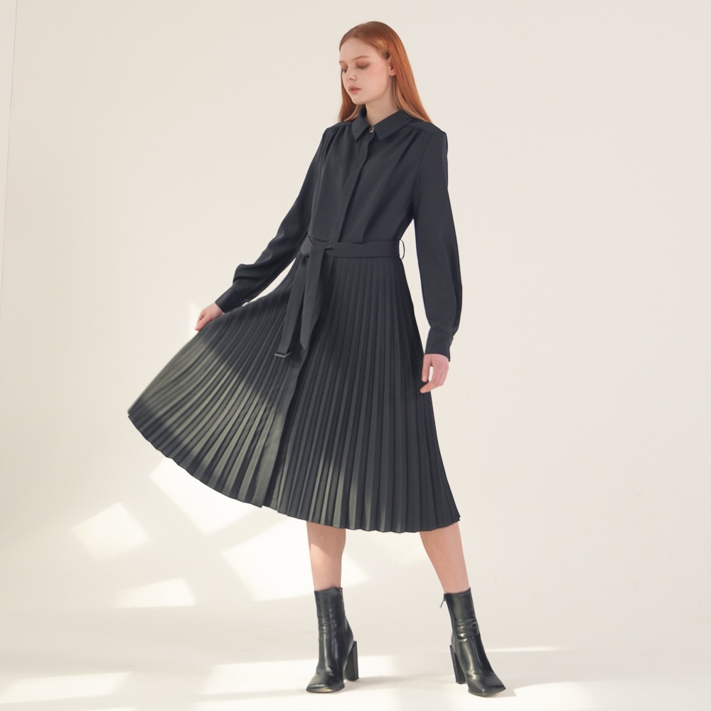 ACUD プリーツシャツワンピース_ブラック