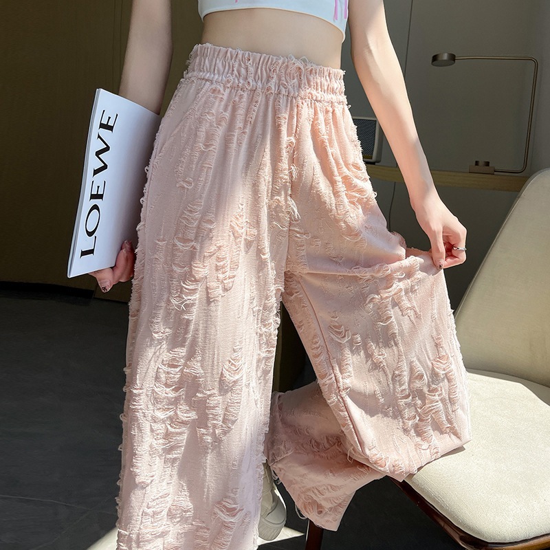 【1点ご購入 で10点プレゼントいたします】ピンクの穴あきワイドパンツ女薄丈感ハイウエストゆったりドレープ感カジュアルアイスストレートパンツ