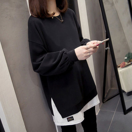 トップス カットソー ミドル丈 長袖 レギュラー袖 ラウンドネック スリット ベルベット フェイクツーピース カジュアル お洒落 レトロ ラフ メンズライク ルーズ 個性的 クール 無地 秋 冬