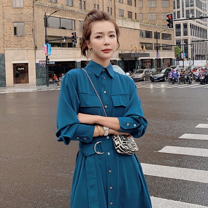 ロングワンピース ブルー レッド ワンピース ロング ロング丈 スリム 細身 ストレート スマート