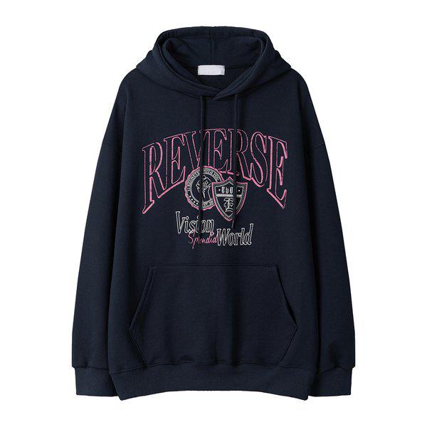 メンズ リバース プリント オーバーフィット フード付きTシャツ RM-TSA-Q046-紺色