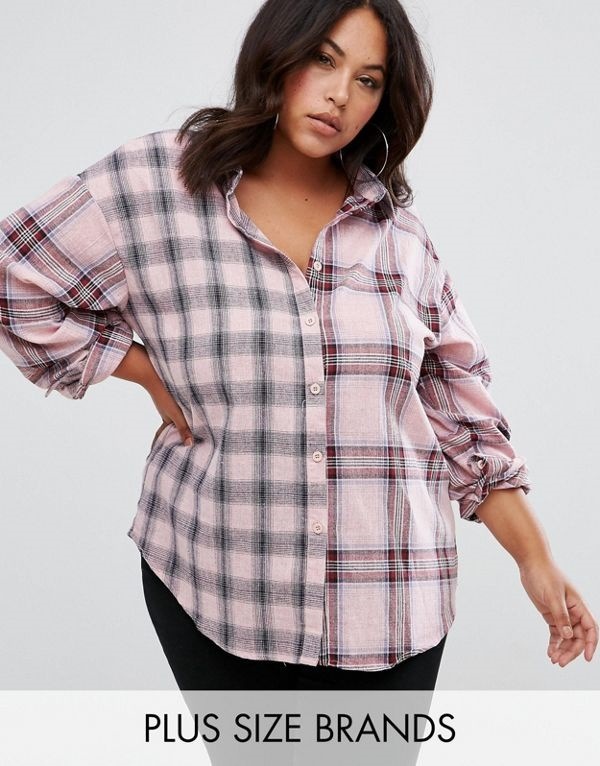 boohoo レディース 大きめサイズ ゆったりサイズ 送料無料 Pink Plus Oversized Spliced Check Shirt