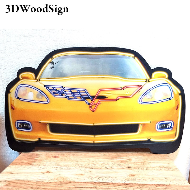 木製看板 3Dウッドサイン コルベット イエロー シボレー 壁飾り ネオン風 ガレージ スポーツカー かっこいい アメリカン雑貨 インテリア 可愛い おしゃれ かわいい 車 ガレージ Chevrole