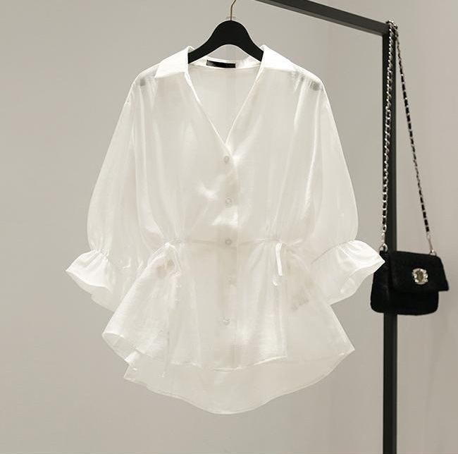 レディース トップス シャツ ブラウス シアーシャツ 長袖 Vネック ポロカラー スリム ストレート シフォン ウエストリボン 透け感 かわいい 大人可愛い きれいめ シンプル カジュアル おしゃれ
