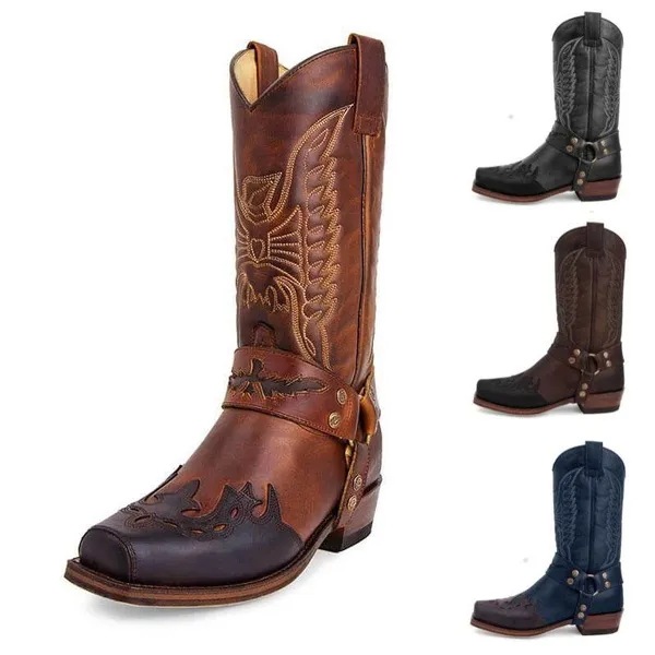 Womens Western Cowboy Leather Boots Embroidery Low Heel Mid Calf Boots Thigh High Boots Winter Ankle