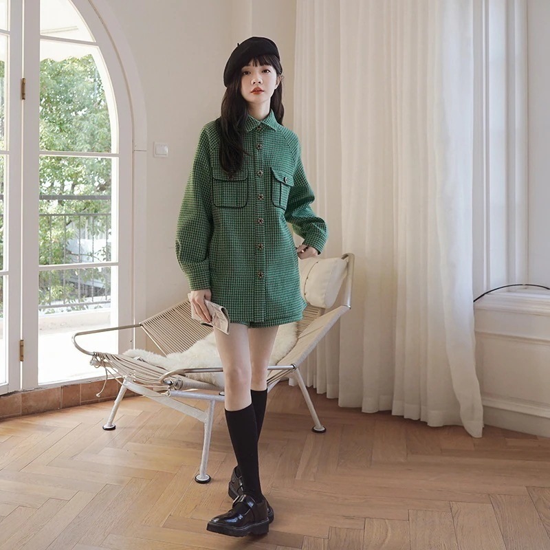韓国レディーススーツセットカジュアルファッショントップスカーディガンミニスカートグリーンチェック柄福袋