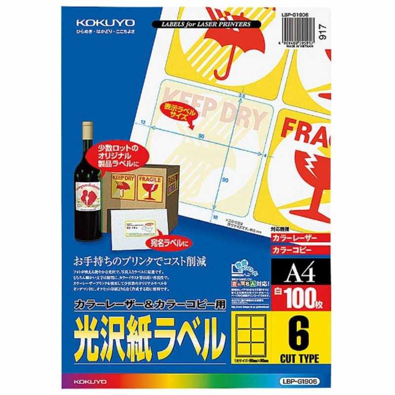 コクヨ　カラーレーザー&コピー用光沢紙ラベル(A4サイズ6面100枚)　LBP-G1906