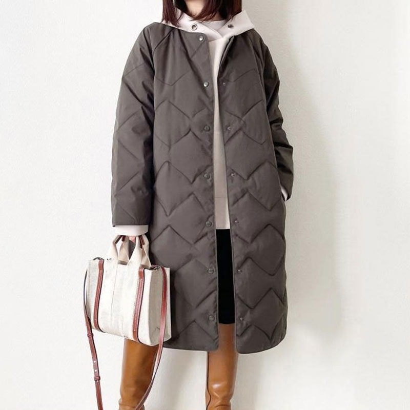 【保温性いい】 シンプル カジュアル ポケット付き 無地 ラウンドネック 長袖 中綿コート レディース