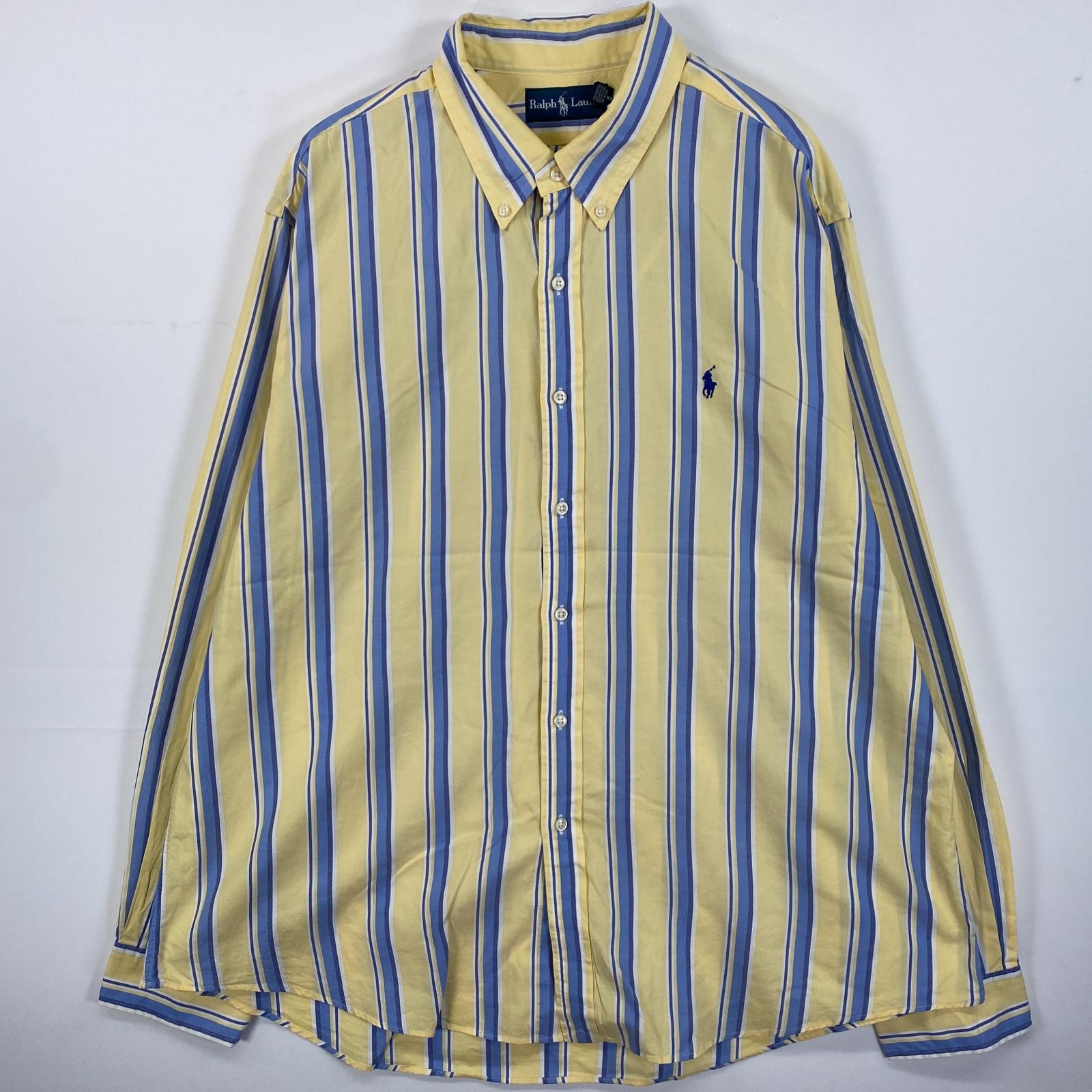 古着 90s/90年代 長袖シャツ ボタンダウン ビックサイズ ワンポイントロゴ刺繍 XXL イエロー系 ストライプ メンズ