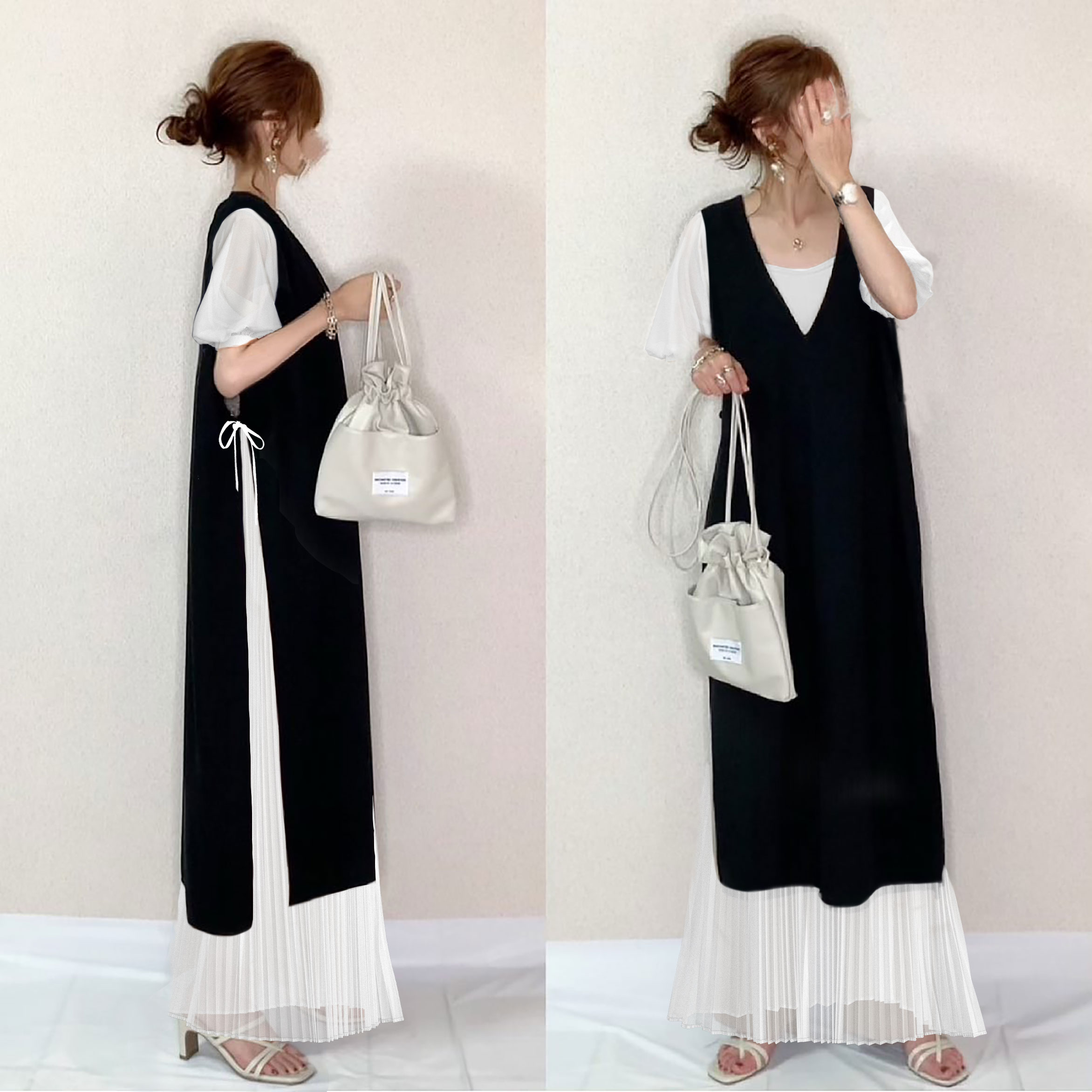 【楽天人気アイテム】 Vネックボウタイスリットロングベスト＋ギャザーワンピースセット