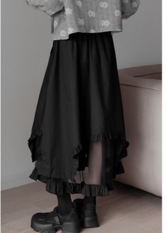 フリル変形ロングスカート ボトム ロング丈 スカート フリル 透け感 大人スタイル 大人可愛い きれいめ シンプル カジュアル 大人 上品 おしゃれ かっこいい レトロ アジアン 大人可愛い 大人女子