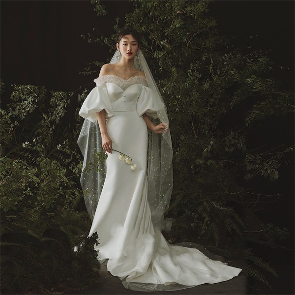 ワンピースドレスドレスシンプル 披露宴 白ドレス 結婚式 ウェディングドレス 小さいサイズ プリンセスライン ワンピース フォトウェディング 前撮り 長袖 トレーンドレス プリンセス 撮影用 マー