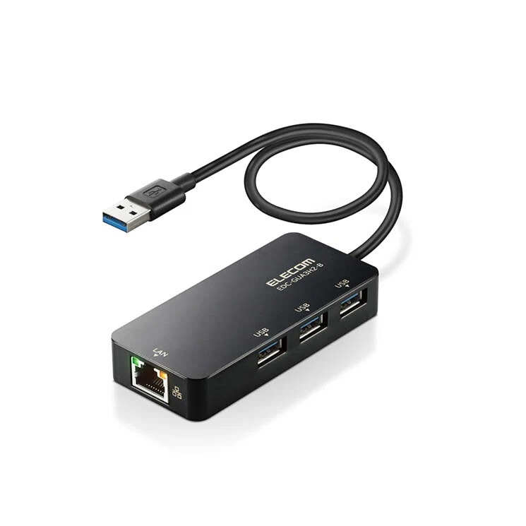 LANアダプター 有線 タイプA Giga USBハブ付 USB-A3 USB3.2 Gen1 3.1 Gen1 edc-gua3h2-b