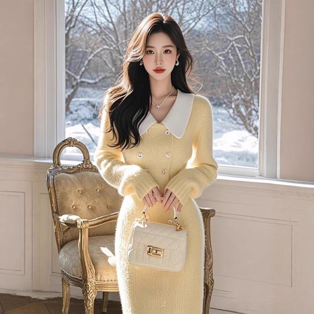 明るい黄色のニットドレス2024新しい秋と冬のフランスの穏やかな気質セレブハイエンドの女神セータードレス