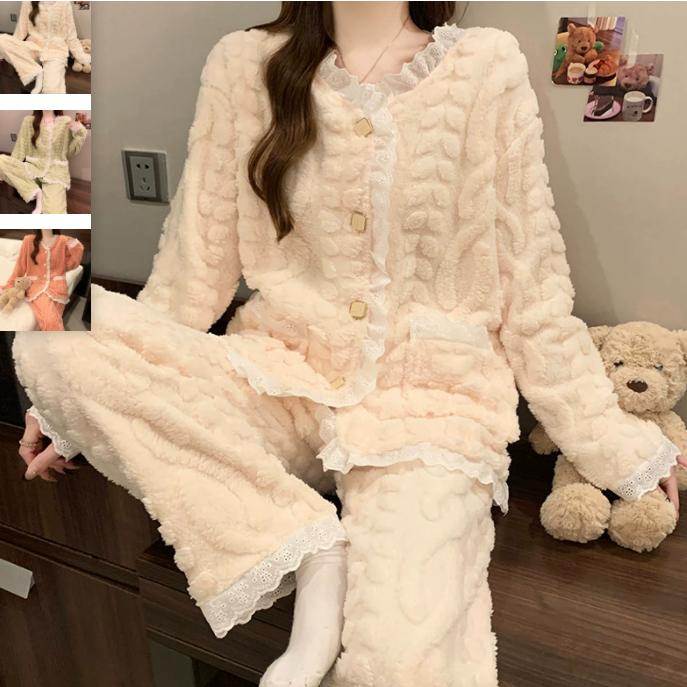 もこもこパジャマ レディース 厚手 ゆったり 長め 可愛い 冬 部屋着 長ズボン 長袖 プルオーバー 上下セット ふわふわ 柔らか 暖かい あった