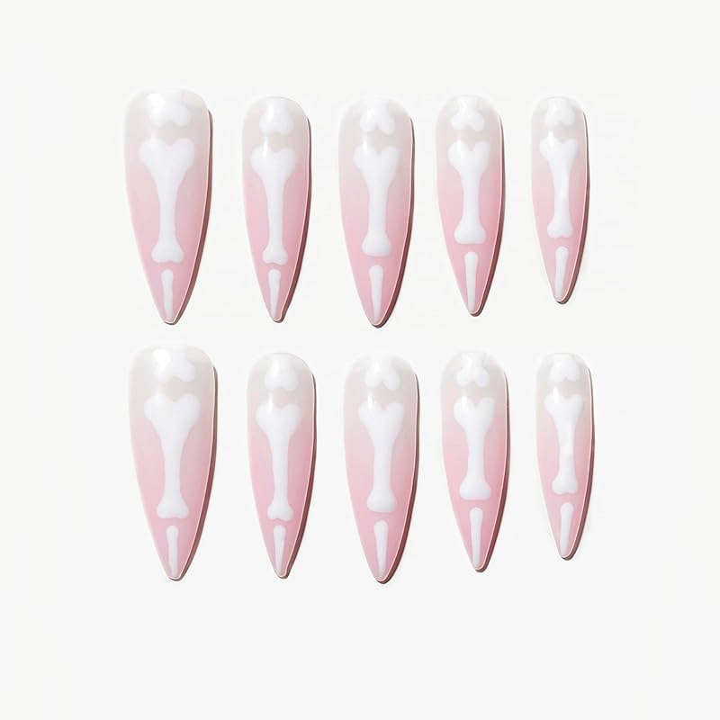Sun&Beam Nails 手作り ネイルチップ ロング アーモンド スティレット つけ爪 ピンク ホワイト 夜光 蓄光 骨の指 ハロウィン デザイン おしゃれ 付け爪 10枚入 (#127 M)ネイルチップ
